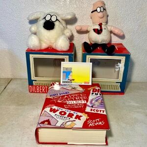 Dilbert Desk Plush Dolls - Dogbert x Dilbert x Book - Scott Adams Set Lot w/ Box